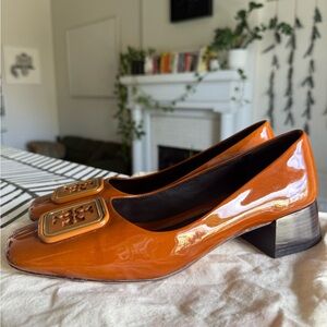 Tory Burch Shiny Orange Block Heels